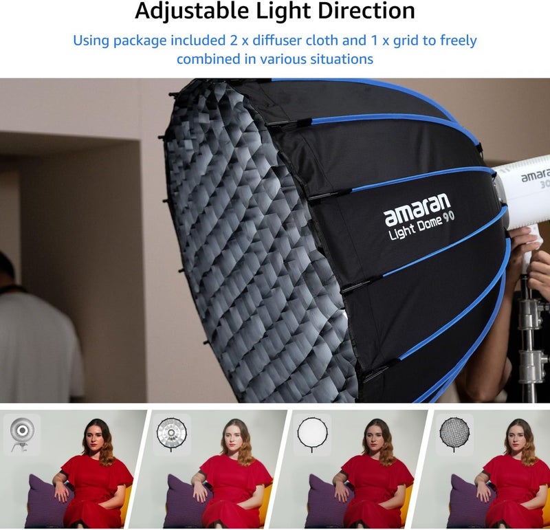 AMARAN Light Dome 90 Softbox,One-snap Quick-Release Foldable Bowens Mount Soft Light Modifier Lighting Studio Control Modifiers Softbox for 60/100/200/300c/150c (Light Dome 90) - Image 3